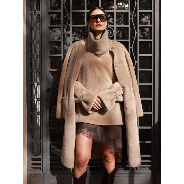 Palton shearling cu cordon, reversibil, bej, 100cm