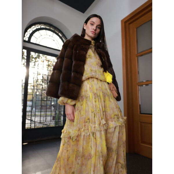 Jacheta din blana naturala vizon, maro, 50cm