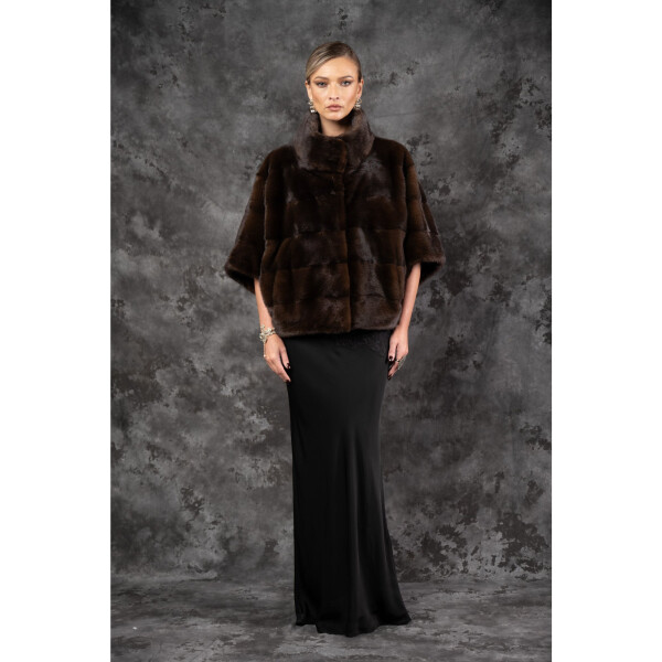 Allure Velore | Jachetă din Vizon Premium Maro maneci 3/4, 55cm| PAISI Art Fur 