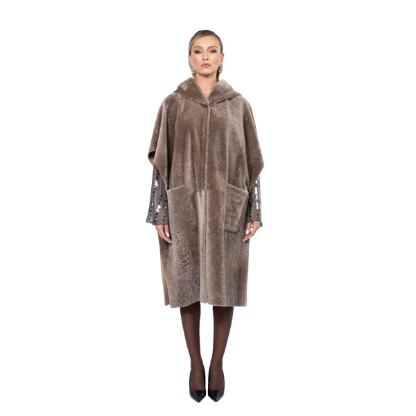 Haina shearling persan, maneci evantai si gluga, culoare speciala, 90cm