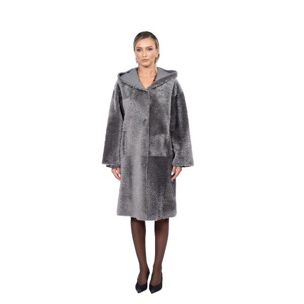 Palton shearling South African, cu gluga, gray, 100cm