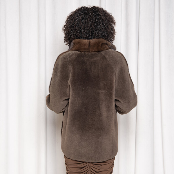 Jacheta blana naturala vizon si shearling, maro, 55cm