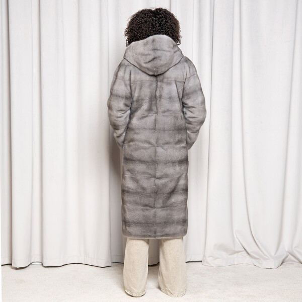 Palton blana naturala vizon, gray saphire, cu gluga, 110cm