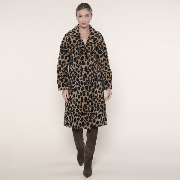 Palton shearling revere largi, animal print gold, 107cm