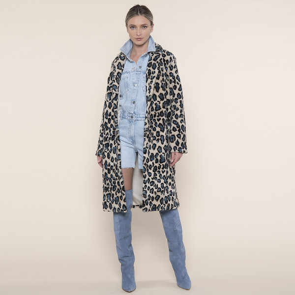 Palton shearling revere inguste, animal print blue eyes, 107cm