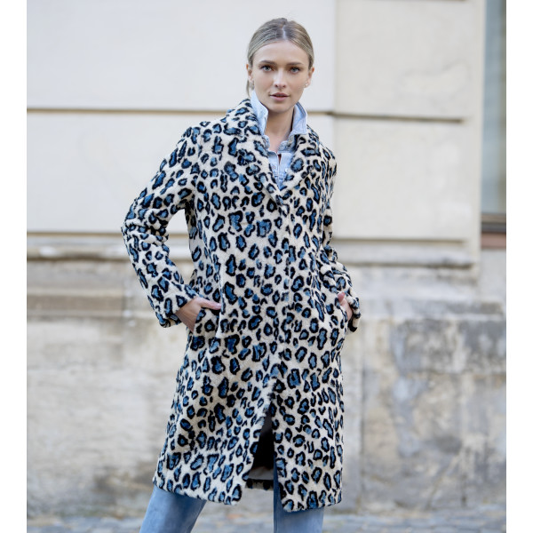 Palton shearling rever scurt, animal print blue eyes, 107cm