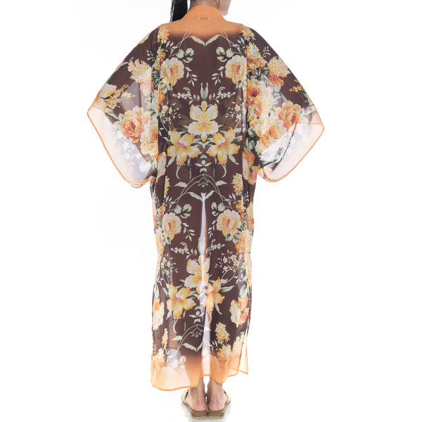 Kimono deschis Dancing Flowers, bordura portocalie, voal 