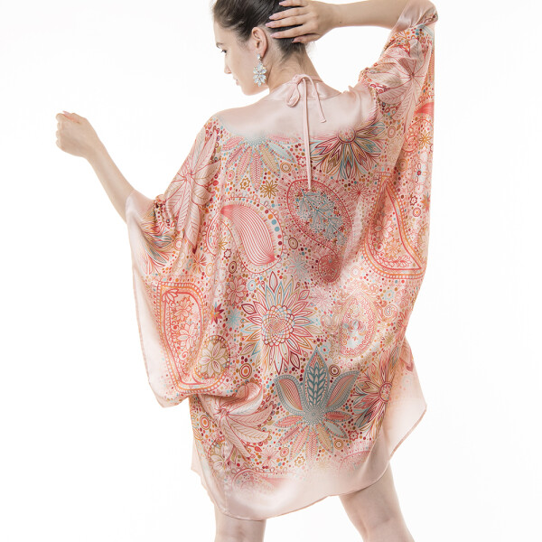 Kimono scurt matase naturala 100%, Paisley Cipria