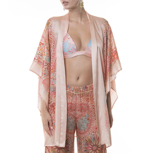 Kimono scurt matase naturala 100%, Paisley Cipria