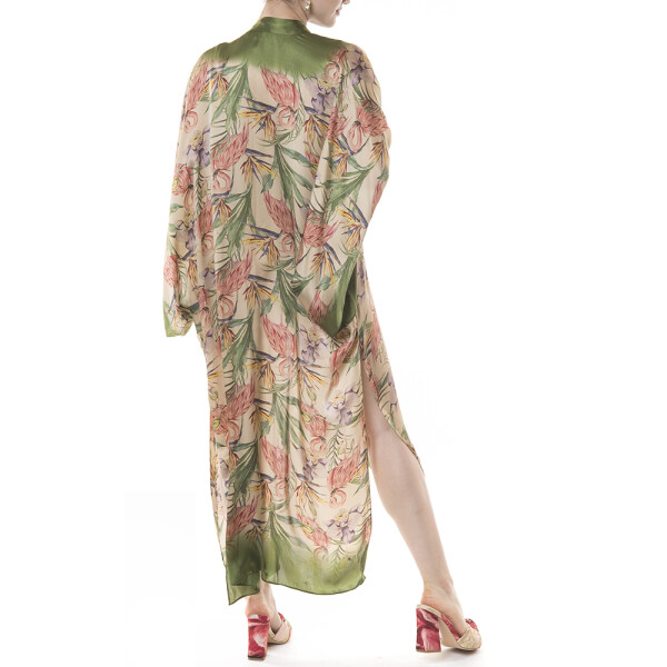 Kimono lung  deschis matase naturala 100%, Tropical Garden bordura verde