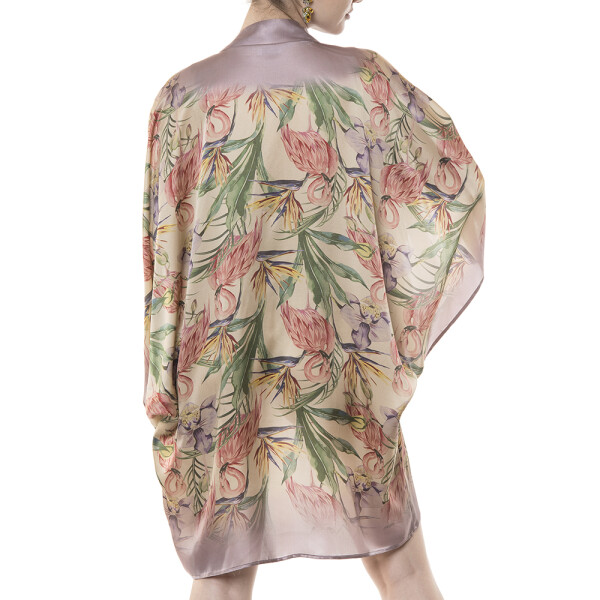 Kimono scurt matase naturala 100%, Tropical Breeze bordura roz pudra