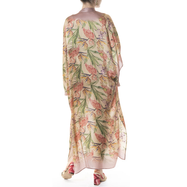 Kimono lung deschis Tropical Breeze, bordura mov pal, matase naturala 100%