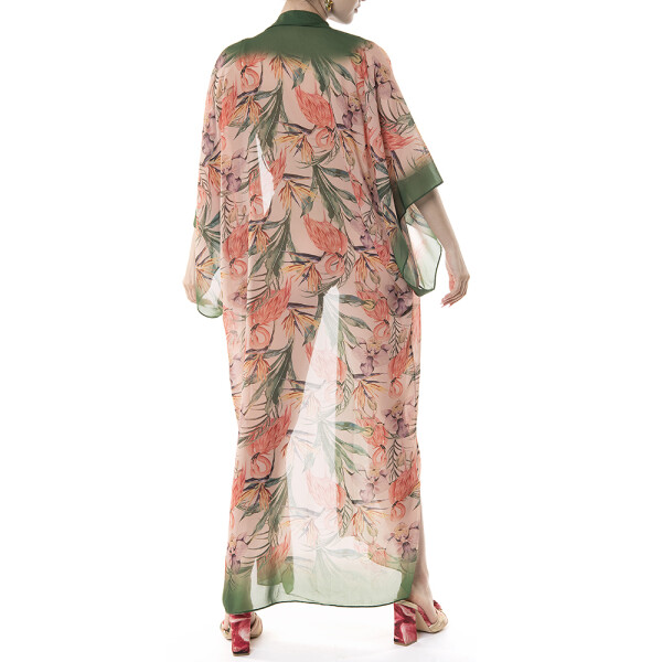 Kimono lung deschis Tropical Breeze, bordura verde, voal transparent