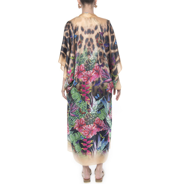 Kimono deschis, matase 100%, imprimeu Jungle Vibe, bordura bej