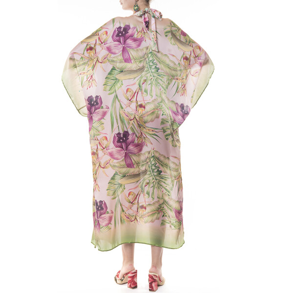 Kimono lung deschis matase naturala 100%, Wild Orchid