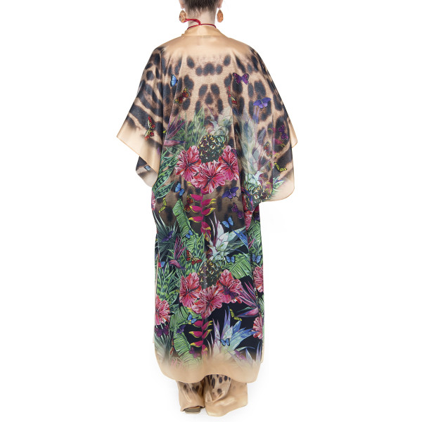 Kimono deschis, matase 100%, imprimeu Jungle Vibe , bordura bej