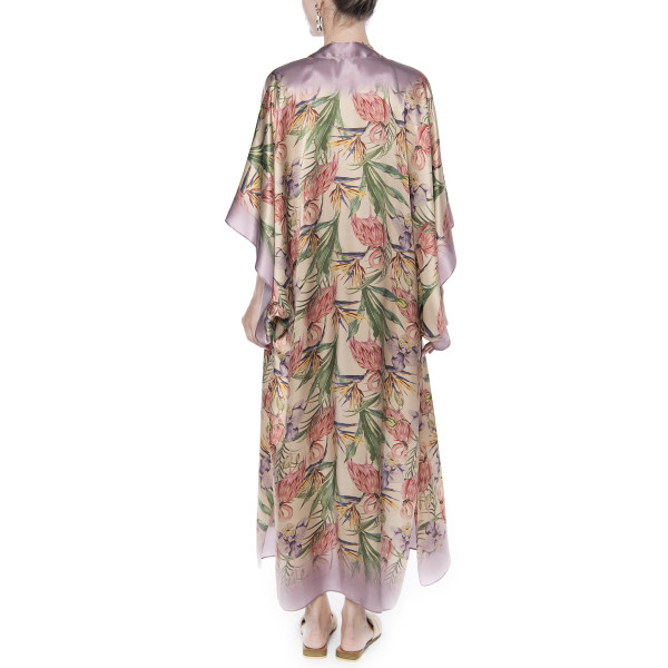 Kimono deschis, matase 100%, imprimeu Tropical Breeze bordura mov pal