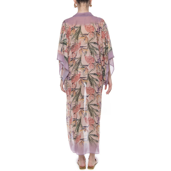 Kimono deschis, voal, imprimeu Tropical Breeze bordura mov pal