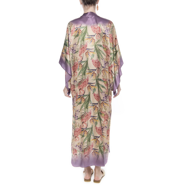 Kimono deschis, matase 100%, imprimeu Tropical Breeze, bordura mov pastel