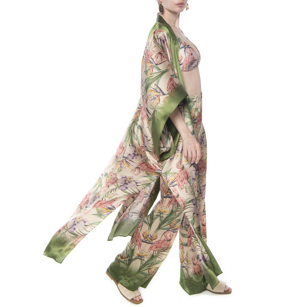 Light kimono, 100% silk, Tropical Breeze green border print