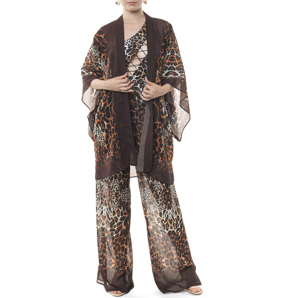 Kimono mini deschis Wild Mood, bordura maro, voal transparent