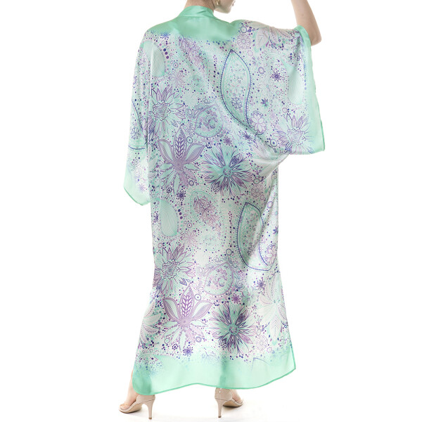 Kimono deschis Paisley Aqua, matase naturala 100%