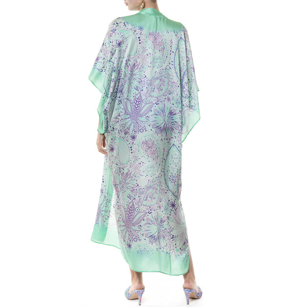 Kimono lung deschis matase naturala 100%, Paisley Aqua