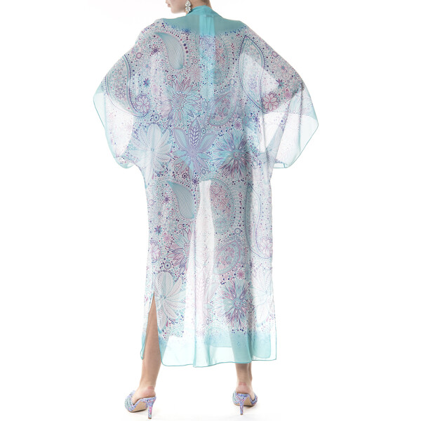 Kimono lung deschis voal, Paisley Aqua