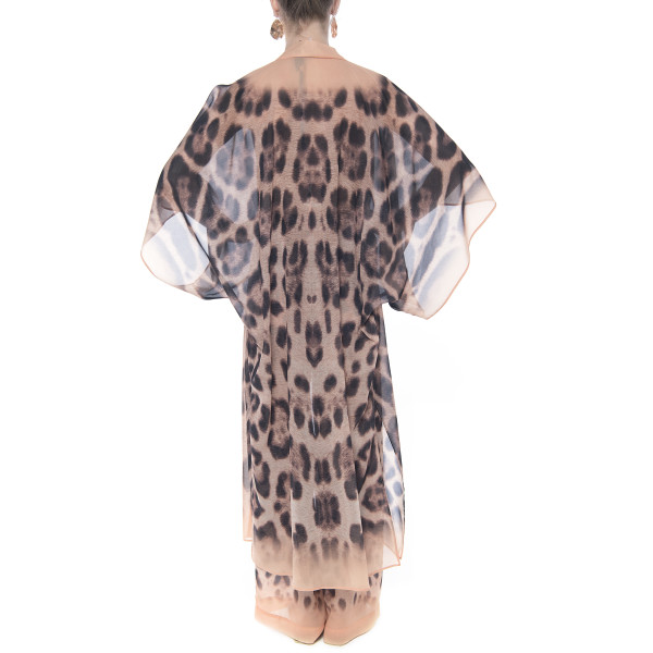Kimono deschis, voal, imprimeu Feline Moves, bordura bej