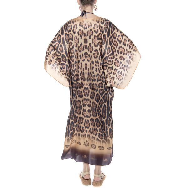 Kimono matase naturala 100%, imprimeu Feline Moves, bordura bej