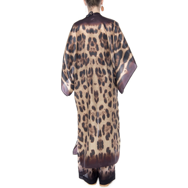 Kimono deschis, matase naturala 100%, imprimeu Feline Moves, bordura maro