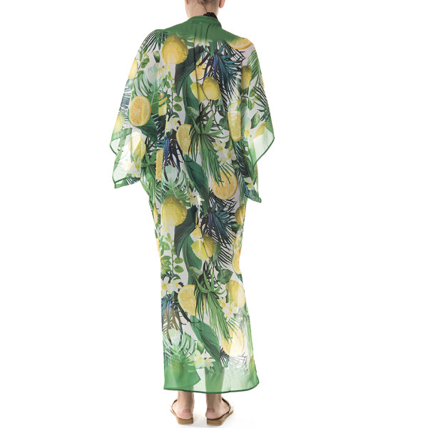 Kimono lung deschis, voal Sweet Lemonade bordura verde