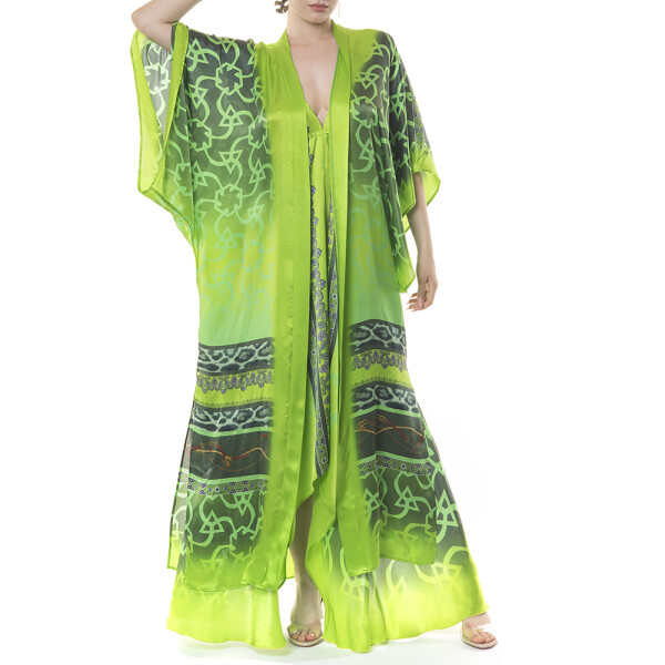 Set 2 piese Geometric Jewel Green (rochie asimetrica + kimono deschis), matase naturala 100%