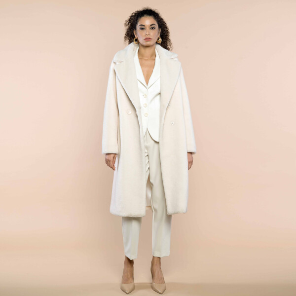 Palton blana naturala miel Australian tip lana, rever dublu, off white, 100cm