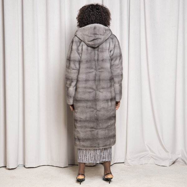 Palton blana naturala vizon cu gluga, saphire grey, 110cm