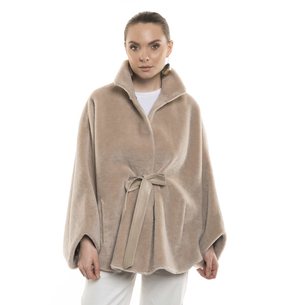 Jachetă tip capa din blană naturală de miel Merinos, blana tip lână, bej, 70 cm