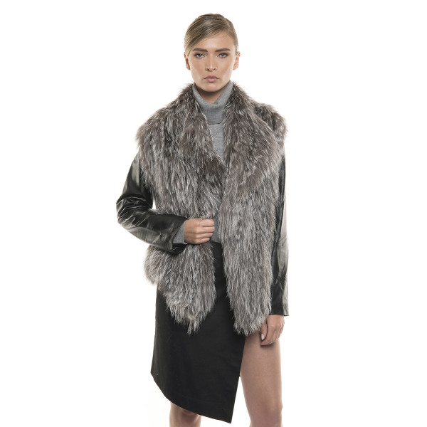 Jachetă de blană naturală de vulpe, mâneci piele, negre, argintie