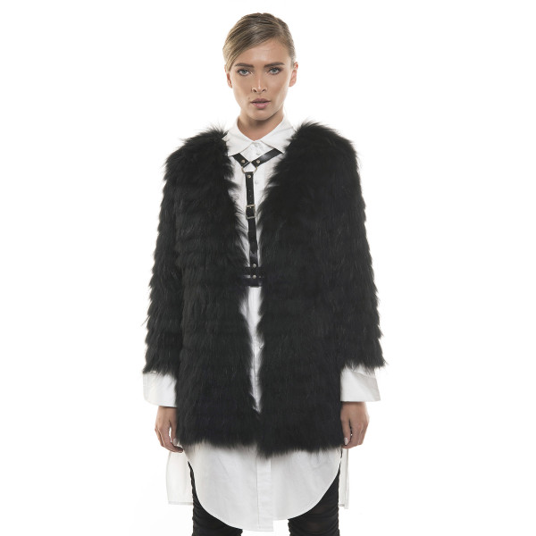 Jachetă de blană naturală de iepure și orylag, neagră, 65 cm