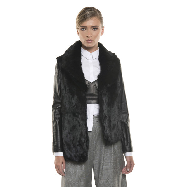 Jachetă de blană naturală de iepure cu mâneci de piele neagră