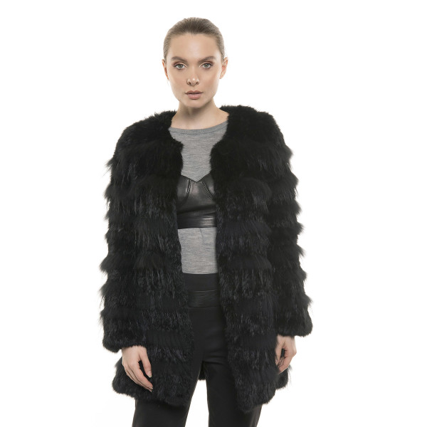 Jachetă de blană naturală de iepure și capra, culoare neagră, 65 cm
