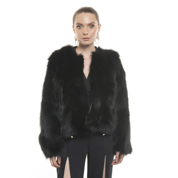 Jachetă de blană naturală de vulpe, neagră, 50 cm