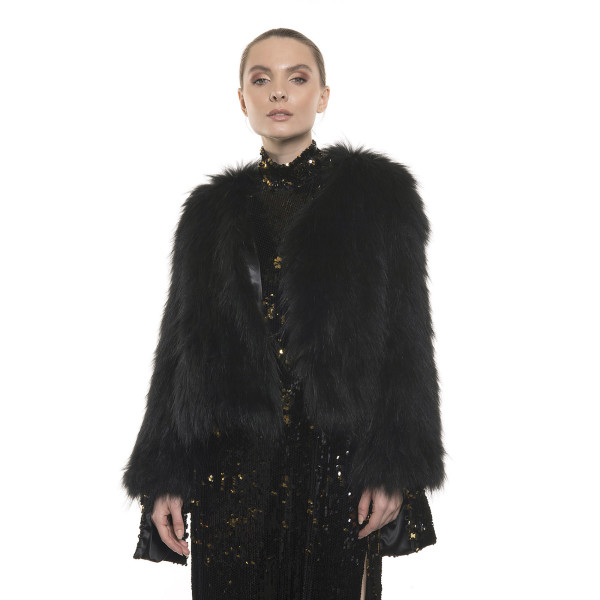Jachetă de blană naturală de vulpe, neagră, 50 cm