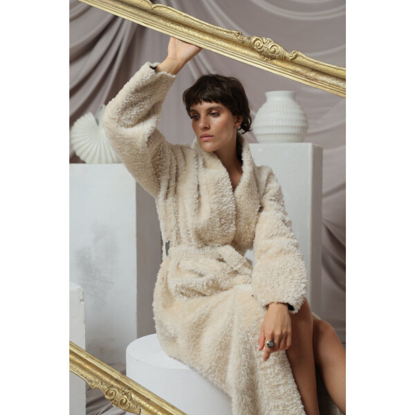 Palton shearling South African curly, cordon, crem, 115cm