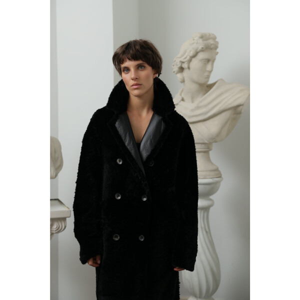 Palton shearling reversibil, rever dublu piele, negru, 110cm