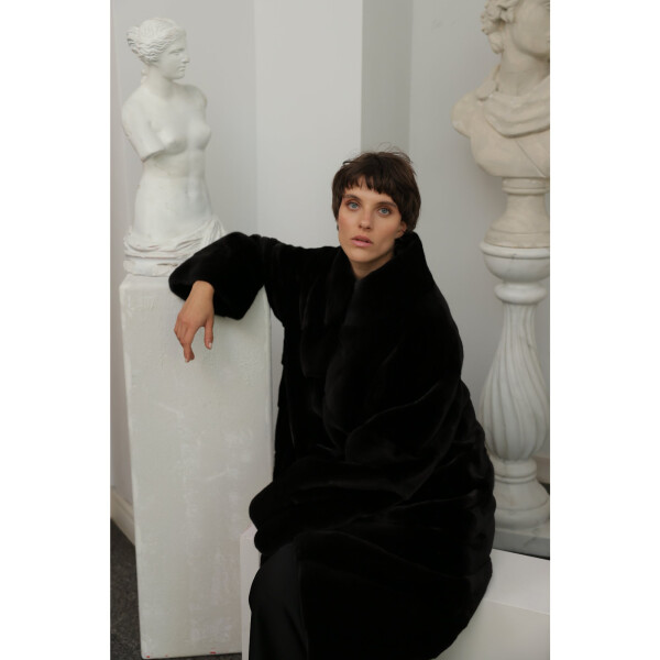 Haina lunga blana naturala vizon, oversized, negru, 100cm