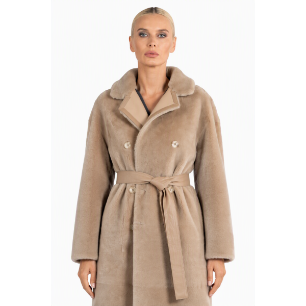Palton shearling reversibil, bej, cucordon, 100cm