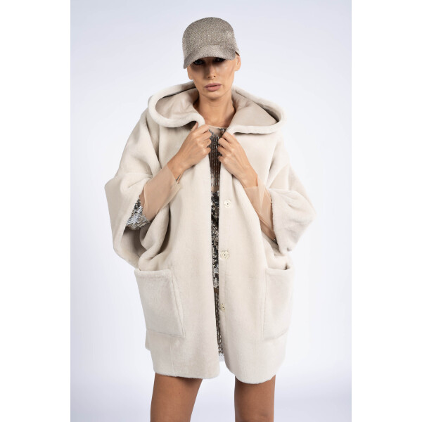 Jacheta reversibila shearling cu gluga, bej, 70cm