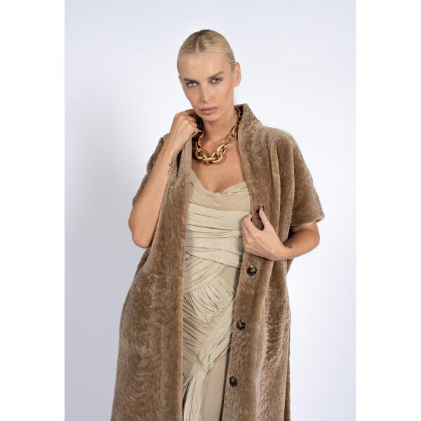 Vesta lunga de shearling, camel, 100cm