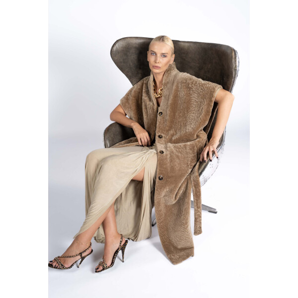 Vesta lunga de shearling, cu cordon, camel, 100cm