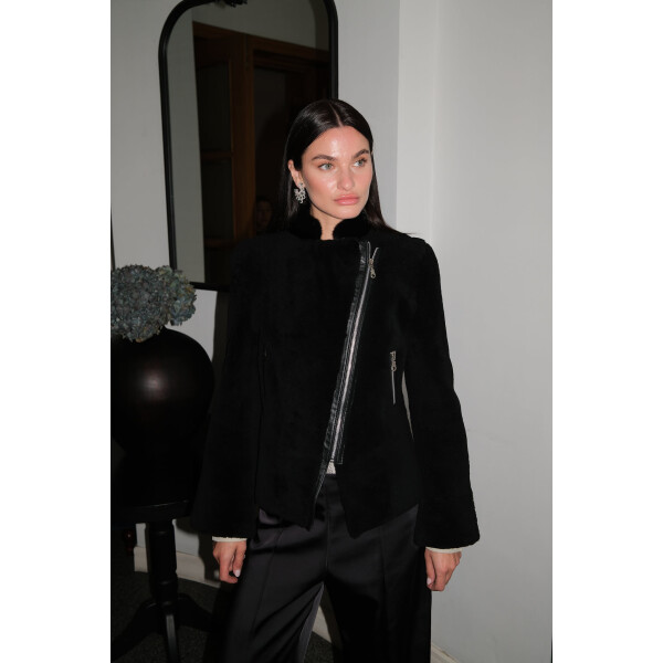 Jacheta sport shearling cu fermoar, negru, 50cm